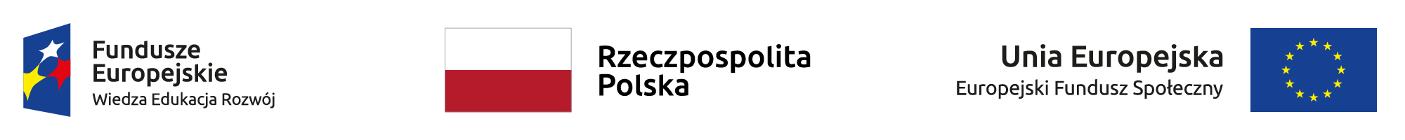 Logo Funduszy Europejskich (Program Wiedza Edukacja Rozwój), flaga Rzeczypospolitej Polskiej z podpisem oraz flaga Unii Europejskiej (Europejskiego Funduszu Społecznego)